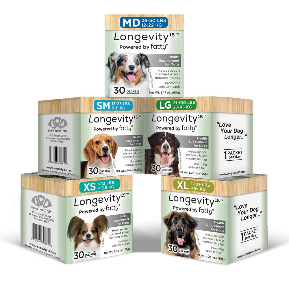 Longevity15 cartons for all five dog sizes, stacked