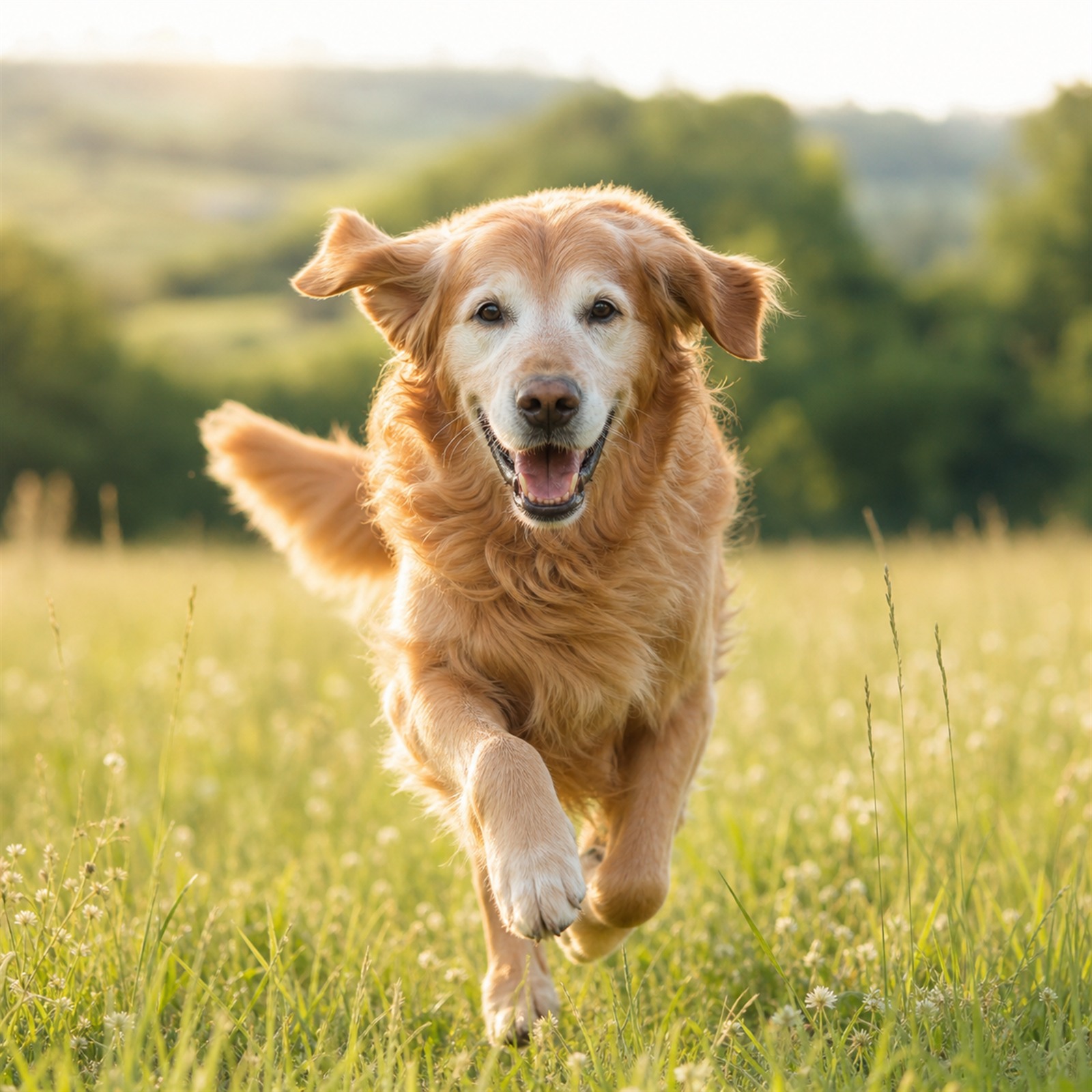 Happy senior dog running outdoors